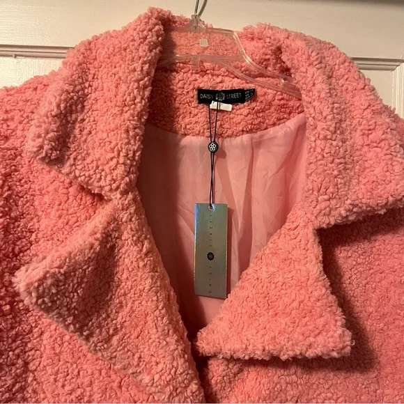 NWT ASOS Daisy Street Oversized Longline Coat Pink Teddy Fleece Size US 8 - Picture 2 of 4